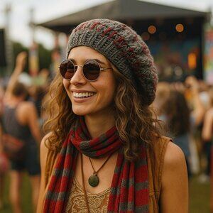 Handmade Gray & Red Crochet Slouchy Beret Boho Hat Festival Vibes Unisex OS